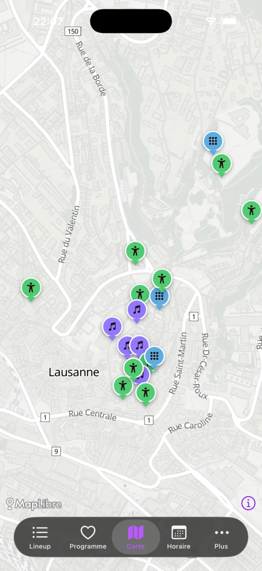 Écran plan du festival (lieux) de l'app