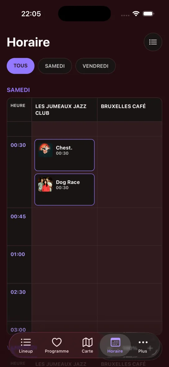 Écran horaires de l'app festival