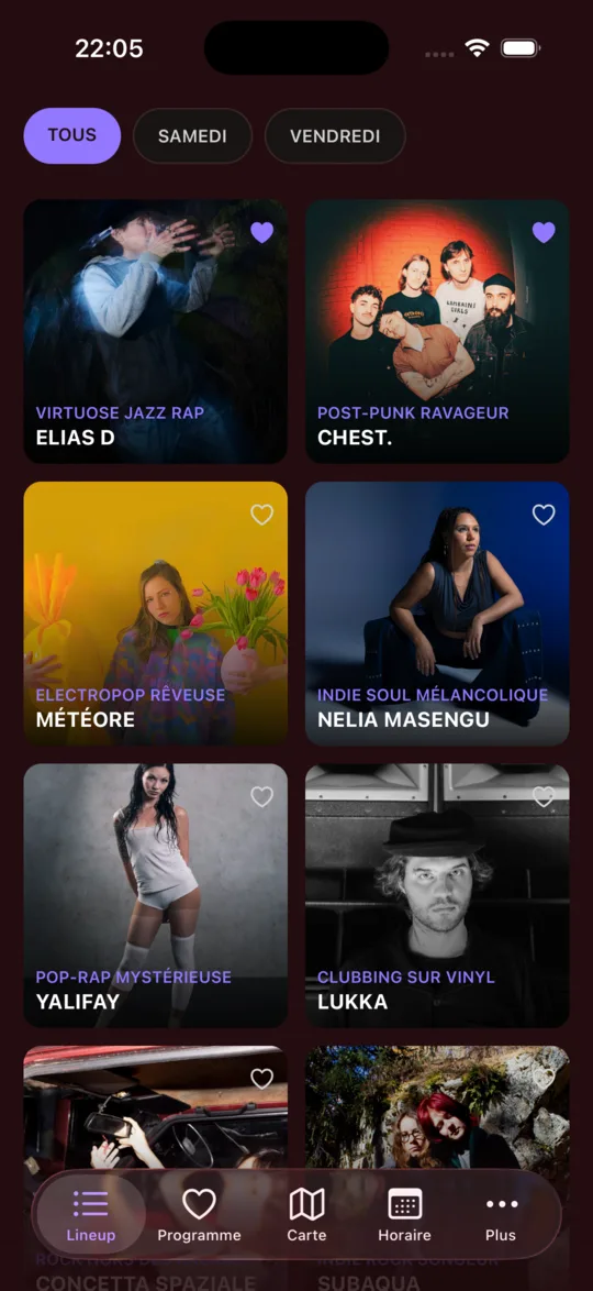 Écran line-up de l'app festival